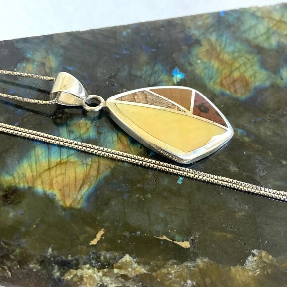 Sterling Silver 925 Mother Of Pearl Jasper Tigers Eye Inlay Pendants Necklace - Picture 11 of 16